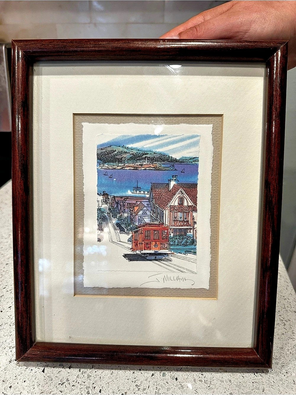 San Francisco Cable Car and Alcatraz Print Framed Blue & Brown